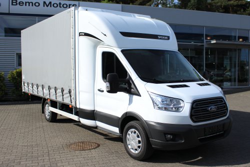 AG Zabudowy - Realizacje - Ford Transit - międzynarodówka z kabiną tylną, obustronną firanką i sprężynowym systemem zwijania plandeki z tyłu